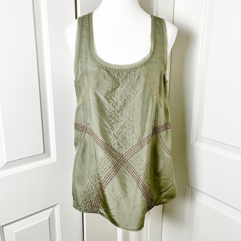 Banana Republic Heritage Sage Green Silk Racerback Blouse w/ Embroidery - Medium